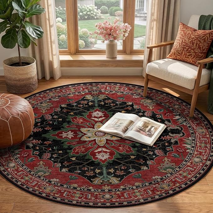 RELEANY Area Rugs Round 4ft Washable Non-Slip, Floral Vintage Distress Print - Image 2
