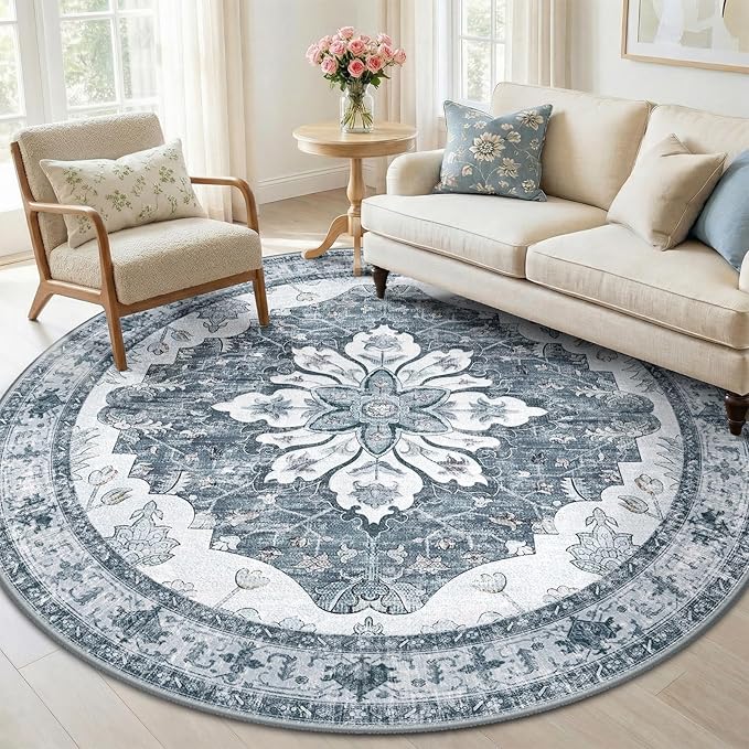 RELEANY Area Rugs Round 6ft Washable Non-Slip, Floral Vintage Distress Print by RELEANY