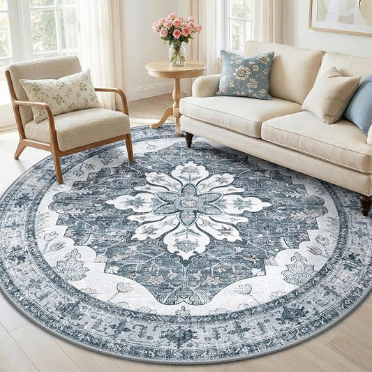 RELEANY Area Rugs Round 6ft Washable Non-Slip, Floral Vintage Distress Print by RELEANY