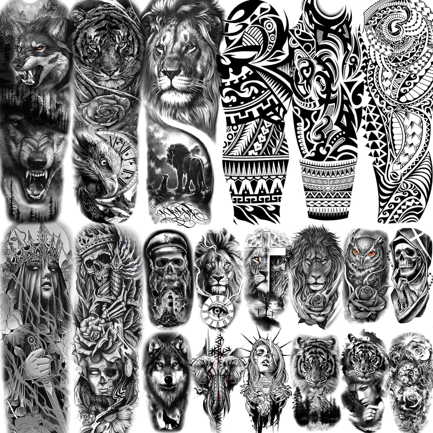 20 Sheets Black Tribal Wolf Tiger Lion Temporary Tattoo Sleeve For Men Adults, 3D Halloween Prison Gothic Maori Sleeve Tattoos For Women, Fake Full Arm Sleeve Tattoo Stickers Skull Skeleton