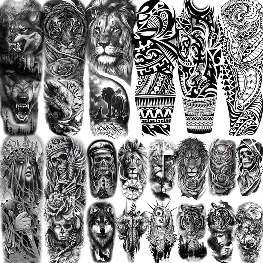 20 Sheets Black Tribal Wolf Tiger Lion Temporary Tattoo Sleeve For Men Adults, 3D Halloween Prison Gothic Maori Sleeve Tattoos For Women, Fake Full Arm Sleeve Tattoo Stickers Skull Skeleton