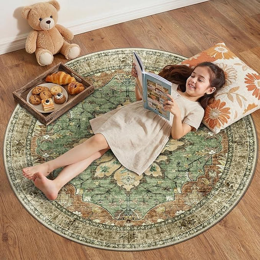 RELEANY Area Rugs Round 4ft Washable Non-Slip, Floral Vintage Distress Print by RELEANY