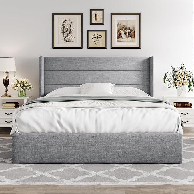Allewie Full Size Lift Up Storage Bed, Modern Wingback Headboard, Hydraulic - Image 8