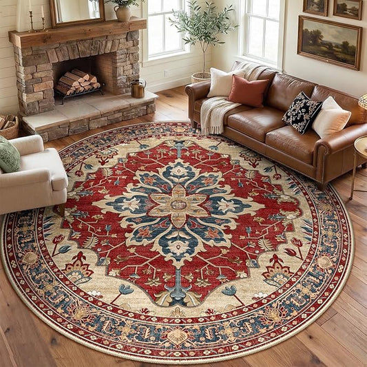 RELEANY Area Rugs Round 8ft Washable Non-Slip, Floral Vintage Distress Print by RELEANY
