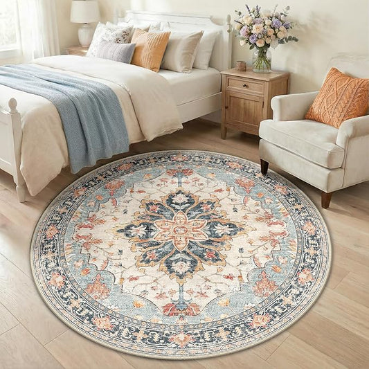 RELEANY Area Rugs Round 5ft Washable Non-Slip, Floral Vintage Distress Print by RELEANY