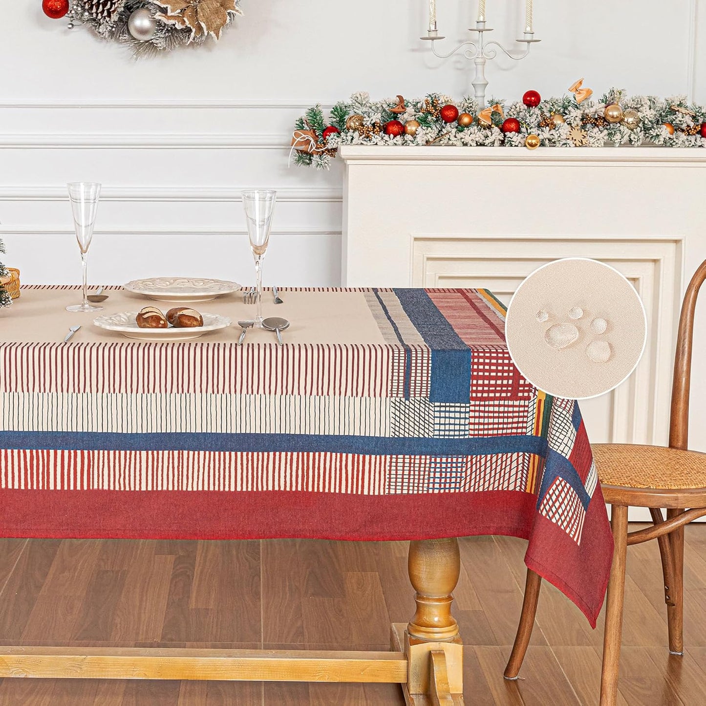 MYSKY HOME Cotton Table Cloth, Rustic Striped Fall Tablecloth, Farmhouse Table Cloth Waterproof Wrinkle Free Halloween Tablecloth Washable for Rectangle/Oblong, 55''x86'', Red