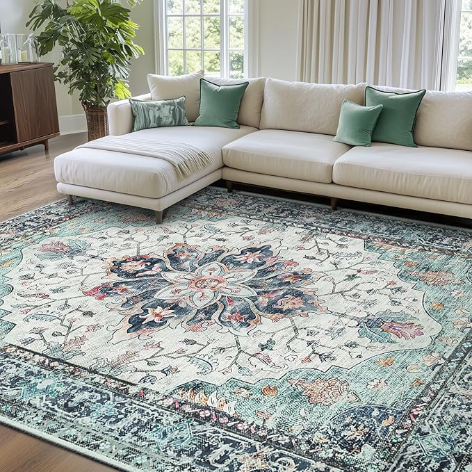 RELEANY Area Rugs 8'x10' Washable Non-Slip, Floral Vintage Distress Print by RELEANY