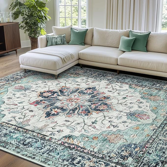 RELEANY Area Rugs 8'x10' Washable Non-Slip, Floral Vintage Distress Print by RELEANY