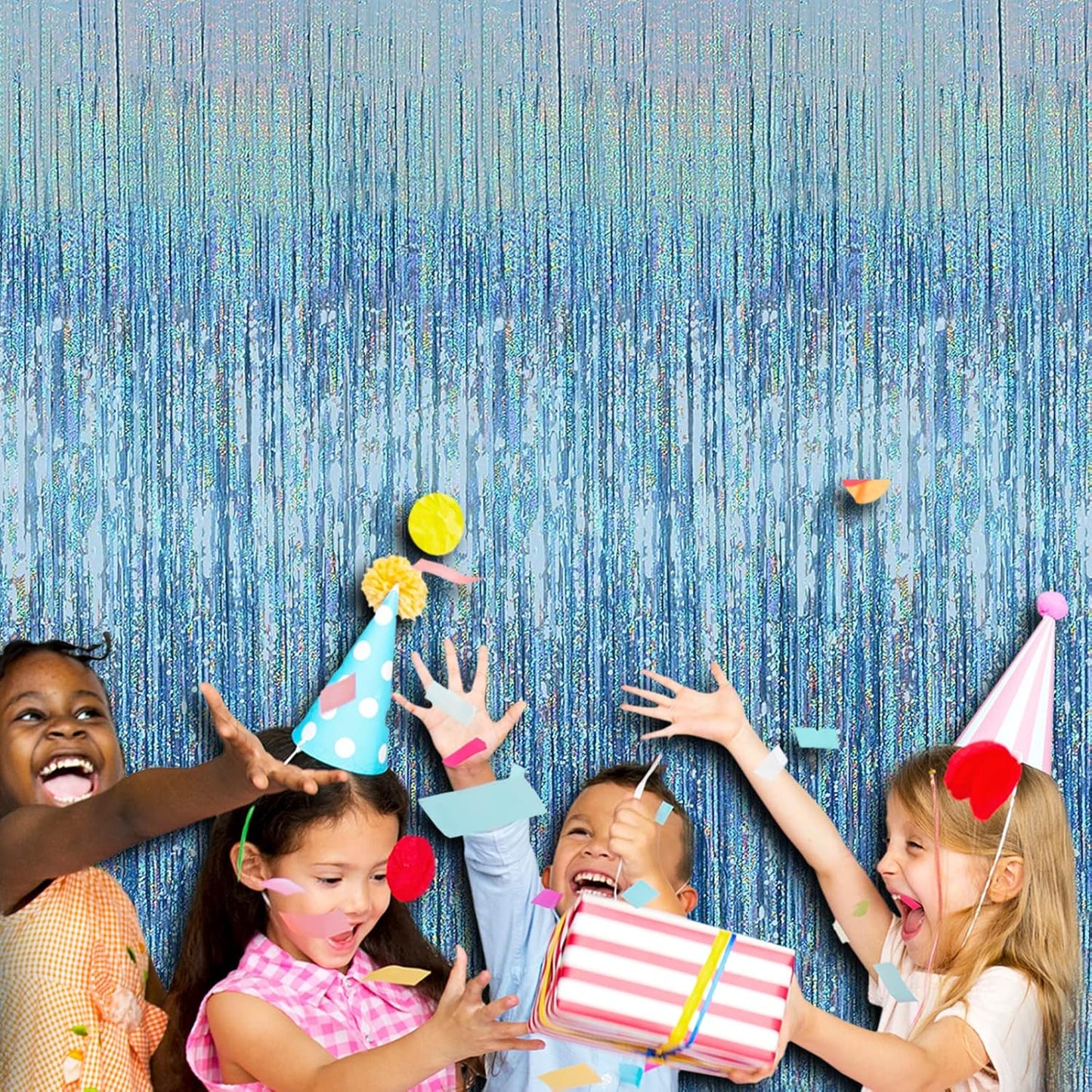 4p Pack Sky Blue Tinsel Foil Fringe Curtain Backdrop, 3.28Ft x 8.2Ft Metallic Streamers for Photo Booth Props Wedding Bridal Shower Bachelorette Birthday Christmas Party Decoration