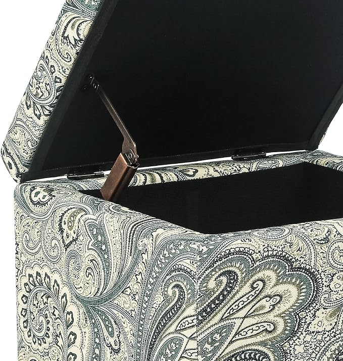 Adeco 18" Cube Storage Ottoman in Blue Paisley, Upholstered Linen Foot Stool & - Image 4