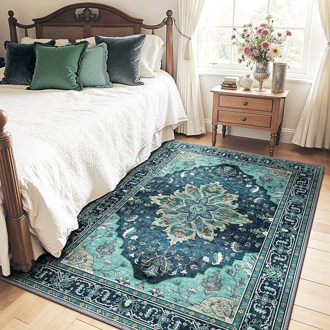 RELEANY Area Rugs 4'x5' Washable Non-Slip, Floral Vintage Distress Print by RELEANY