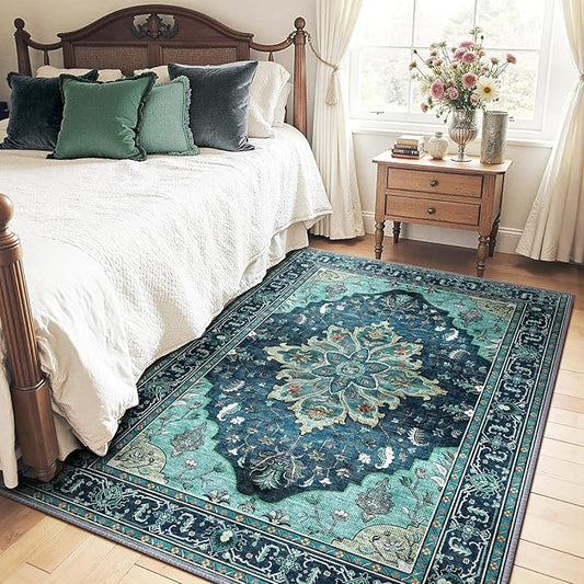 RELEANY Area Rugs 4'x5' Washable Non-Slip, Floral Vintage Distress Print by RELEANY