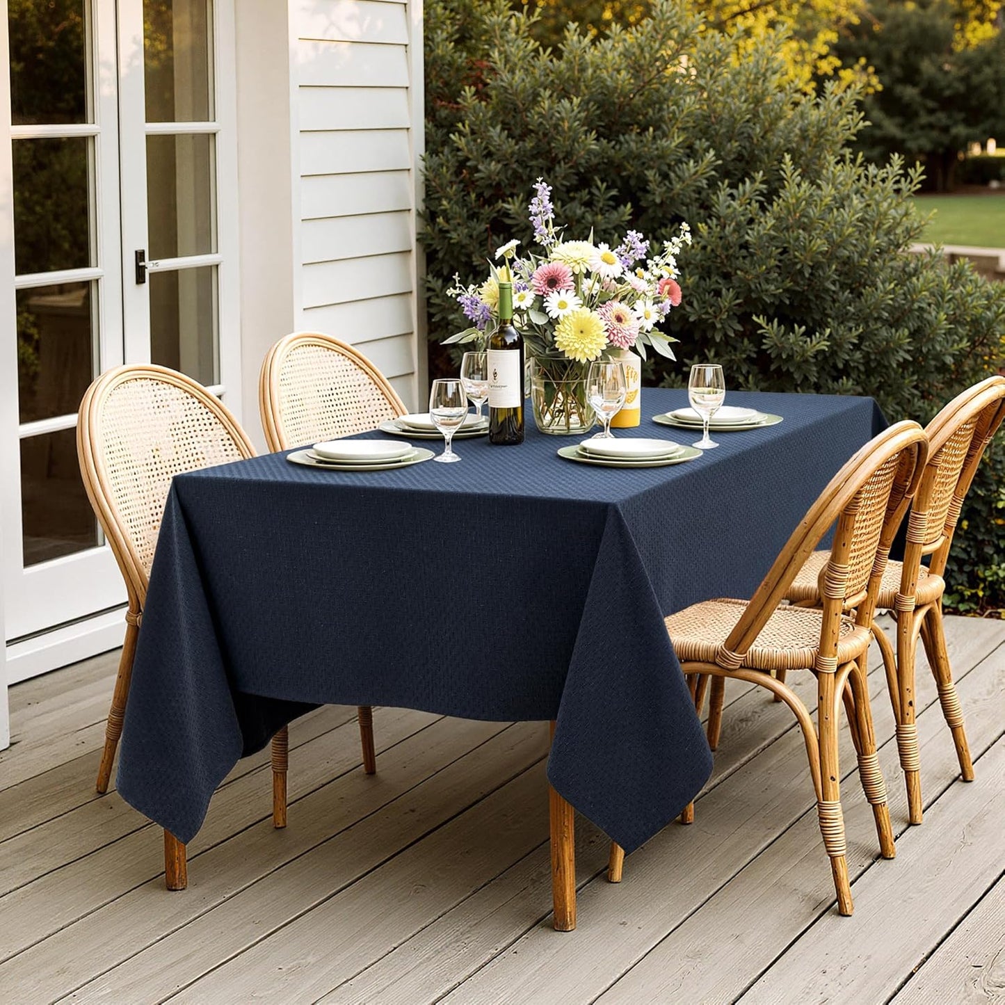 MIULEE Navy Linen Cottton Table Cloth Rectangle Tablecloth Waterproof Spillproof Cross-Star Textured Table Cltoth Decorative Farmhouse Style for Dining Party Weddings 60x120 Inch