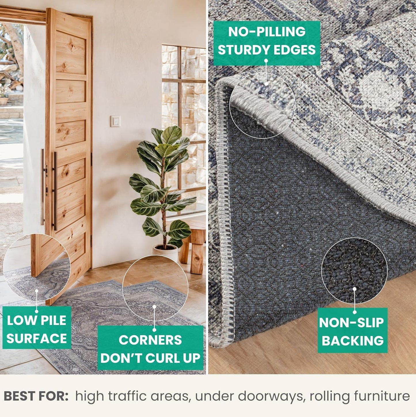 Bloom Rugs Washable Non-Slip 12 ft Runner - Blue/Steel Gray/Beige Traditional Medallion Runner for Entryway, Hallway, Bathroom, and Kitchen - Exact Size: 2.5' x 12'