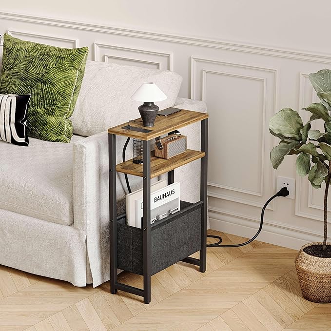 Narrow Side Table with Charging Station Slim End Table Sofa with Magazine Rack - Image 2