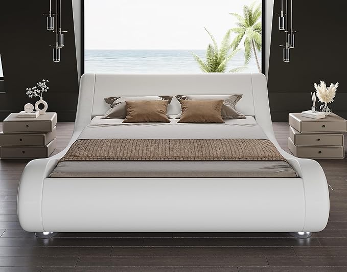 SHA CERLIN King Size Upholstered Bed Frame, Deluxe Low Profile Sleigh Bed - Image 3
