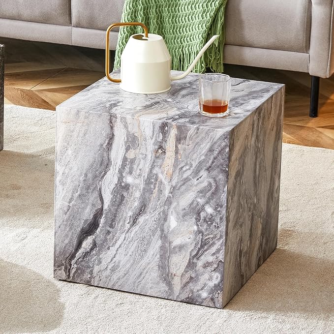 16'' Cube Coffee Table with Marble Stone Pattern, Square No Assembly End Table - Image 3
