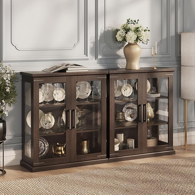 BELLEZE Set of 2 Glass Display Cabinet, Living Room, or Kitchen by BELLEZE
