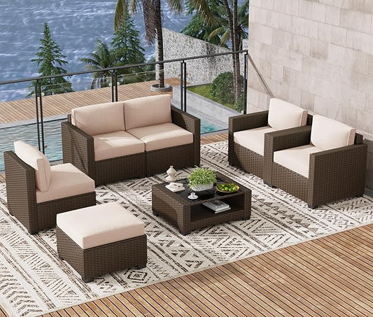 LOUVIXA 7 Piece Outdoor Patio Furniture Set, Rattan Chairs Glass Table Wicker by LOUVIXA