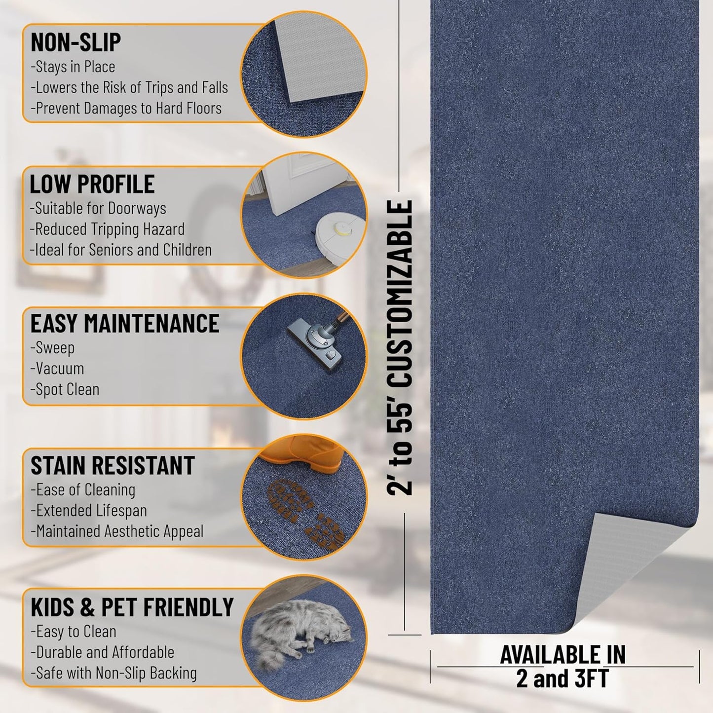 Ottomanson 2' x 14' Ultra-Thin Hallway Runner Rug - Durable Non-Slip Carpet for High-Traffic Areas - Fits Under Doors for Seamless Entry - Ideal for Kitchen, Entryway, Bedroom & Living Room, Navy