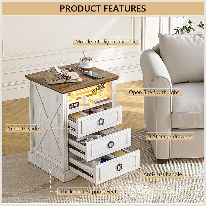 Nightstand Set 2 with Charging Station, Farmhouse End Side Table with 3 Drawers - Image 4