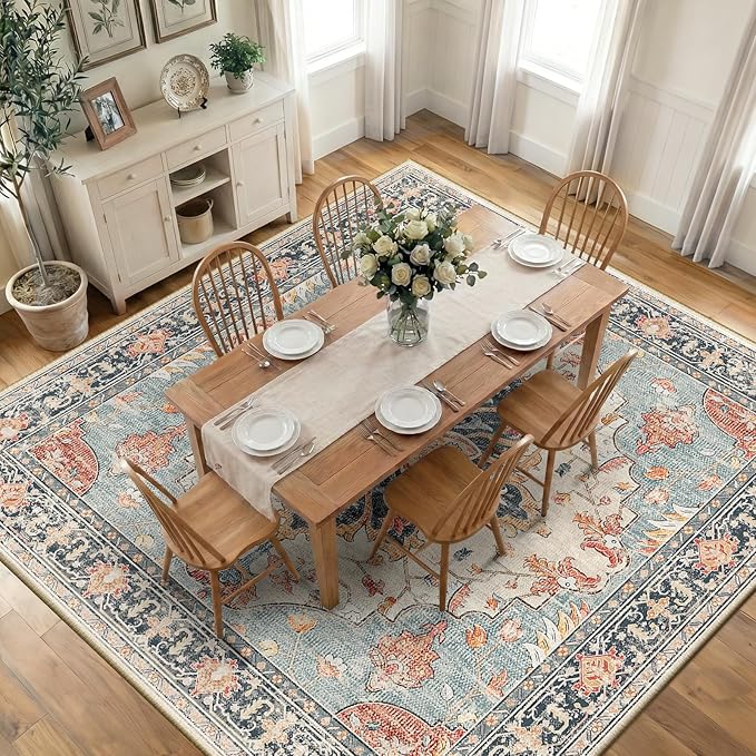 RELEANY Area Rugs Square 10ft Washable Non-Slip, Floral Vintage Distress Print by RELEANY