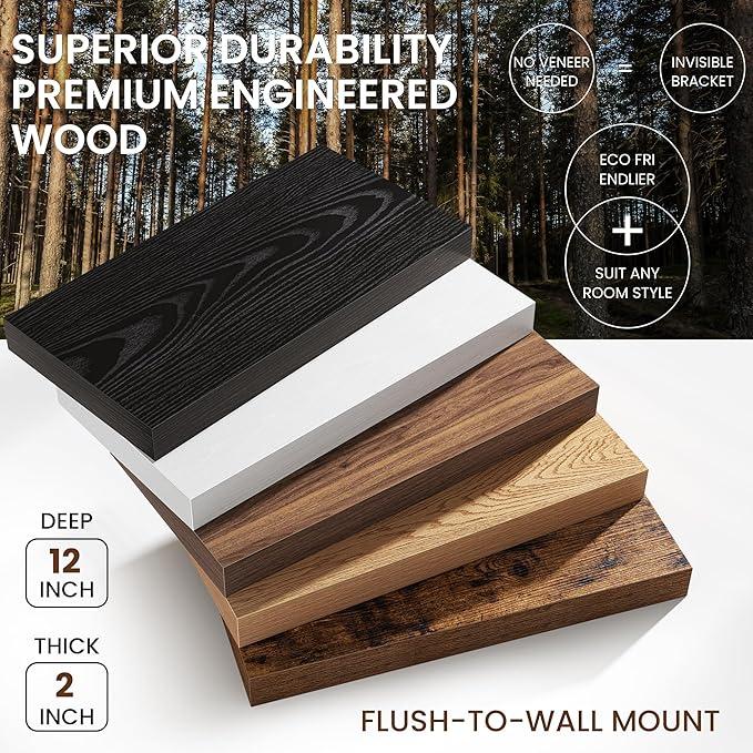 Fun Memories 12 Inch Deep Walnut Floating Shelf, 24 x 12 Rustic Wood Wall Shelf - Image 4