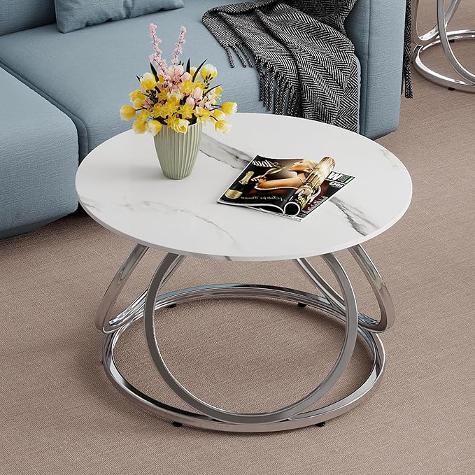 O&K FURNITURE Silver Coffee Table, Round Coffee Table Faux Marble Veins - Image 7