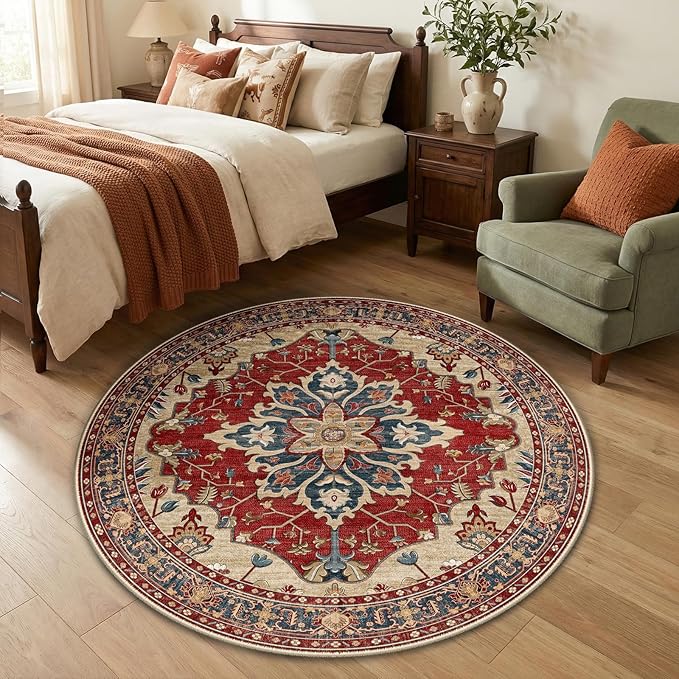 RELEANY Area Rugs Round 4ft Washable Non-Slip, Floral Vintage Distress Print - Image 3