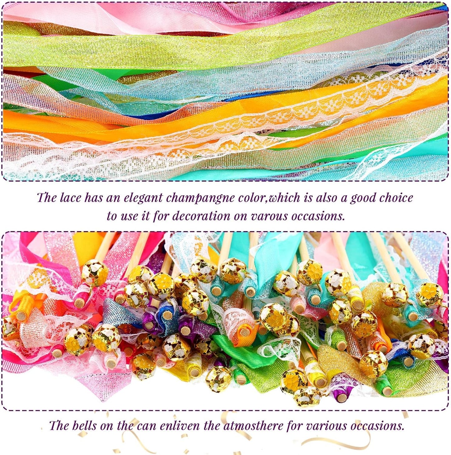 40 Pieces Ribbon Wedding Streamers with Bells, Lace Fairy Stick Wand Party Streamers Chromatic Silk Streamers for Party, Birthday and Holiday