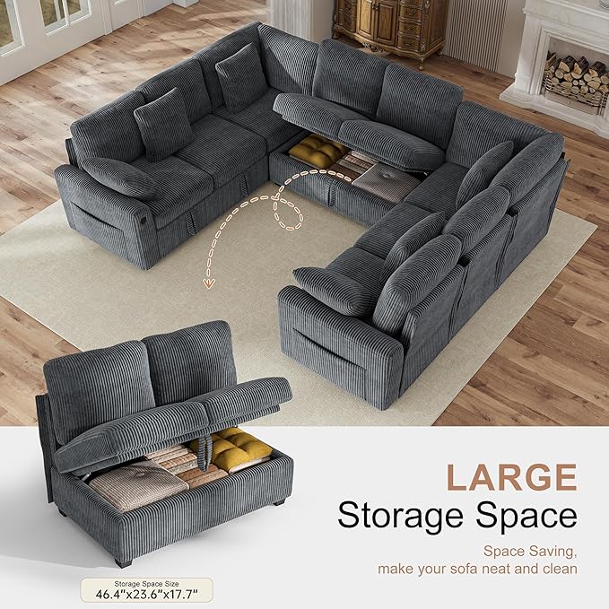 Hanherry Sectional Sofa with Pull Out Couch Bed, 8 Seat Corduroy Sleeper Sofa - Image 4