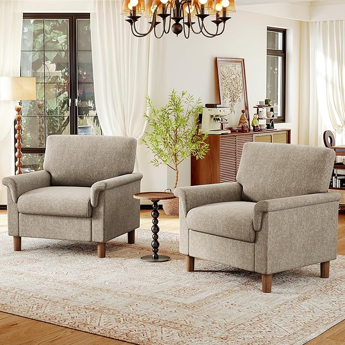 Mid Century Modern Accent Chairs Set of 2, Chenille Comfy Living Room Arm Chairs by ErdoruLiving