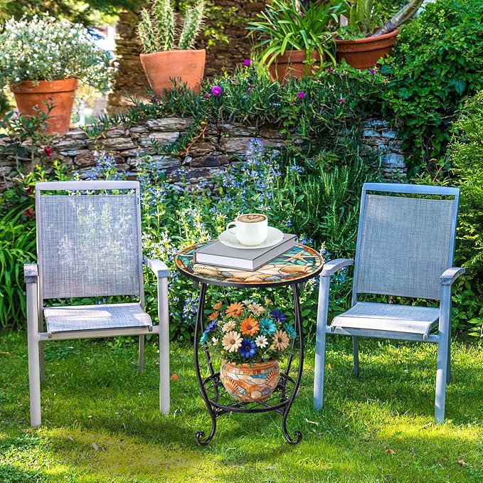 Cinnvoice Outdoor Side Table Round Small Mosaic Patio Accent Indoor End Plant - Image 7