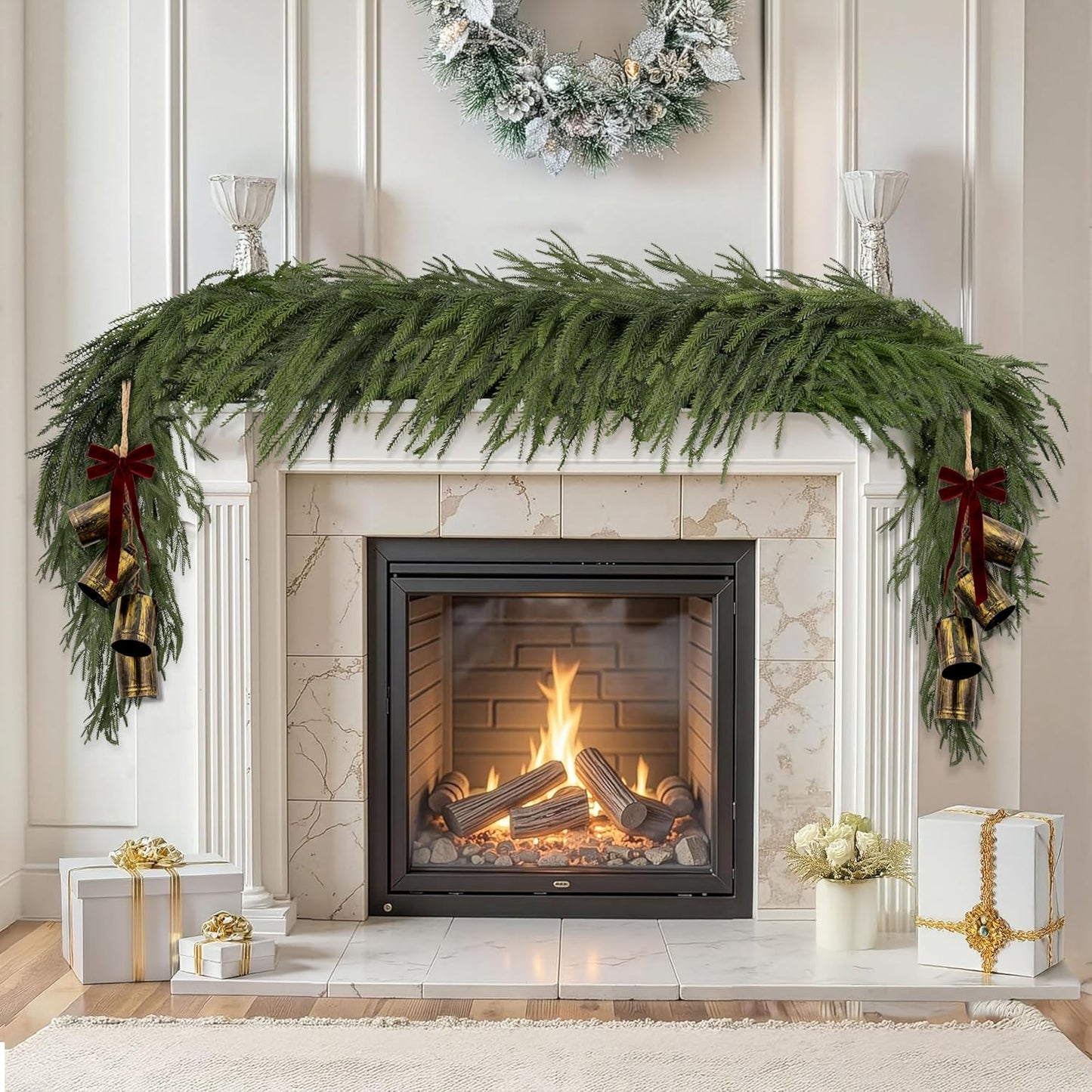 2 Pcs 6FT Christmas Garlands Norfolk Pine Garland - Real Touch Winter Pine Garland, Artificial Norfolk Tree for Indoor Outdoor Holiday Decor, Fireplace Mantel, Door, Porch (Burgundy Bell)