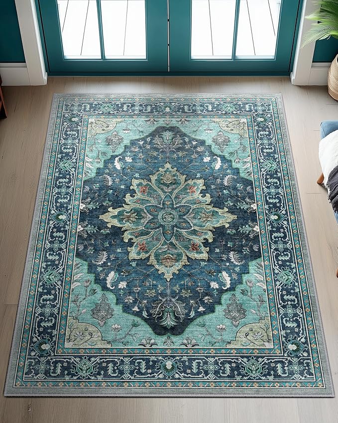 RELEANY Area Rugs 3'x4' Washable Non-Slip, Floral Vintage Distress Print by RELEANY