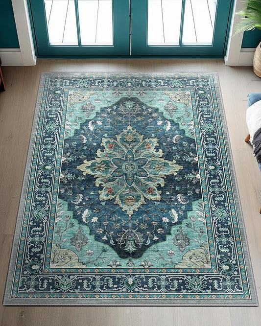 RELEANY Area Rugs 3'x4' Washable Non-Slip, Floral Vintage Distress Print by RELEANY