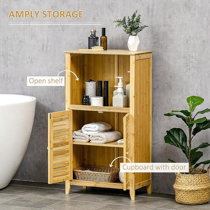 HOMCOM Bamboo Floor Cabinet Bathroom Floor Cabinet Living Room Organizer Tower - Image 5