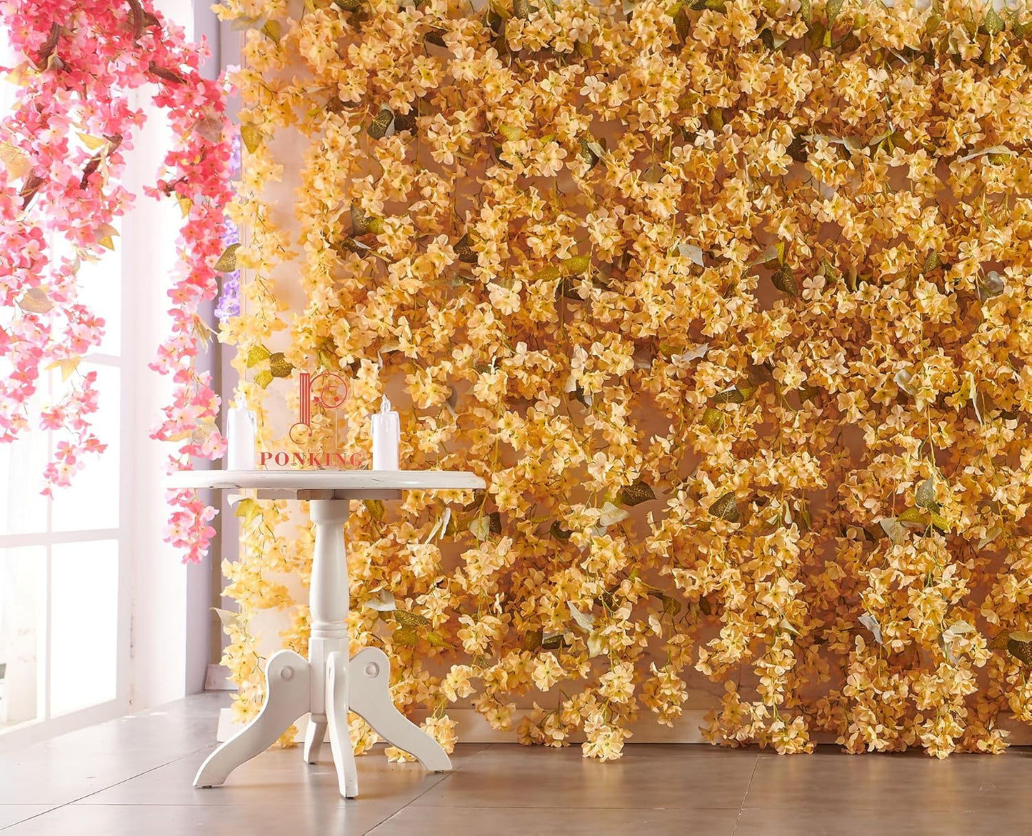 Flower Garland, Artificial Hydrangea Vine Flowers, Hanging Fake Hydrangeas Vine for Room Anniversary Wedding Birthday Christmas Wall Arch Decor, 2 Pcs, Floral Garland, Champagne Flower