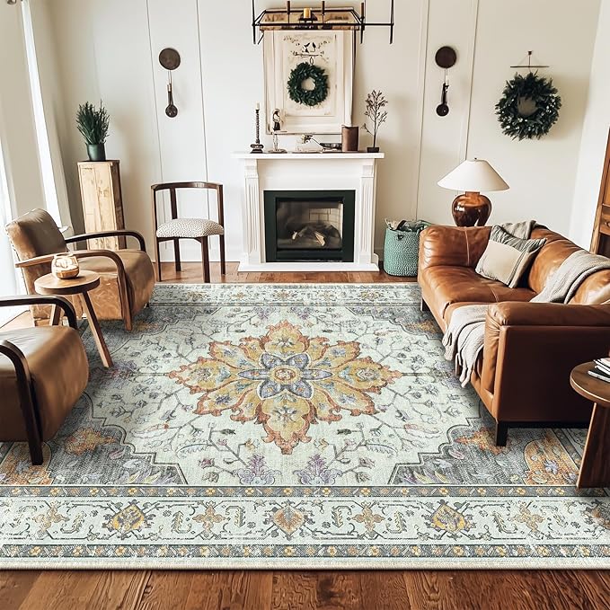 RELEANY Area Rugs 9'x12' Washable Non-Slip, Floral Vintage Distress Print - Image 2