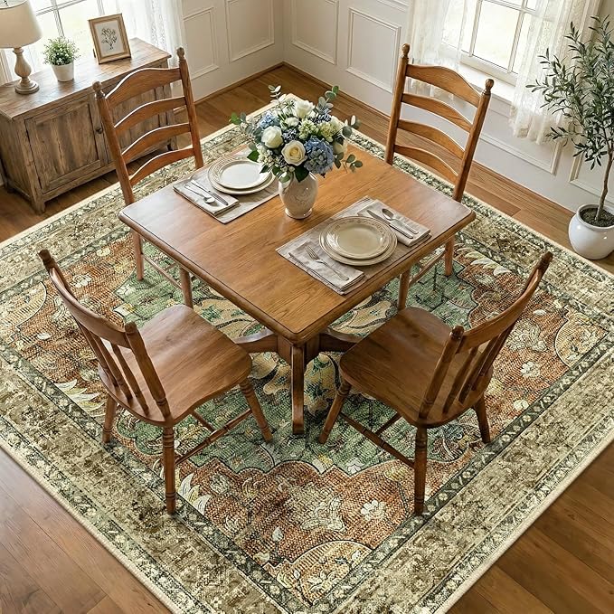RELEANY Area Rugs Square 7ft Washable Non-Slip, Floral Vintage Distress Print by RELEANY