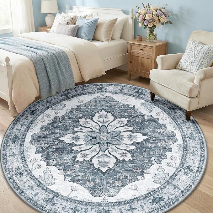 RELEANY Area Rugs Round 6ft Washable Non-Slip, Floral Vintage Distress Print - Image 3