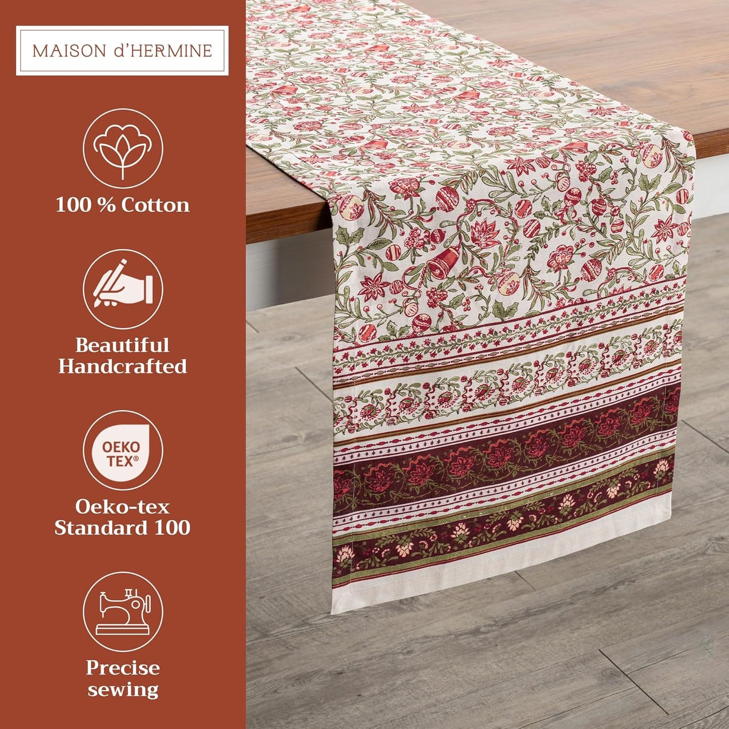 Maison d' Hermine Table Runner 100% Cotton Single Layer Table Runners 72 inches Long Decorative for Home Kitchen Dining Party Baby Shower Wedding Bridal Shower (Reveillon Au Jardin, 14.50" x 72")