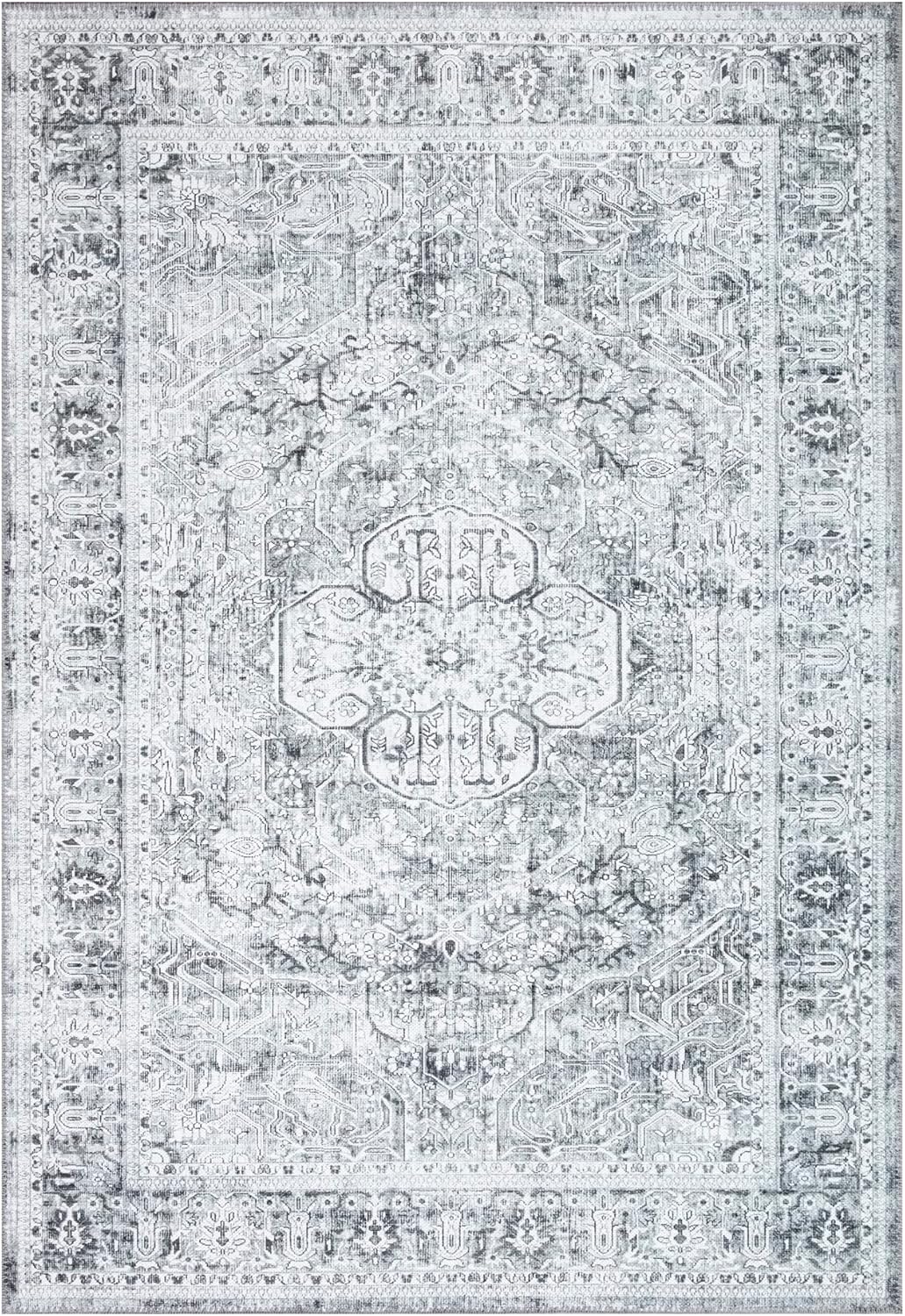 Bloom Rugs Washable Non-Slip 4' x 6' Rug - Gray/Charcoal Traditional Medallion Area Rug for Living Room, Bedroom, Dining Room, and Kitchen - Exact Size: 4' x 6'
