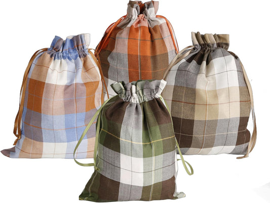 Large Fall Burlap Bags with Drawstrings - Orange Buffalo Plaid, Sage Green Gingham - Reusable Brown Pouch for Thanksgiving Party Gift Wrapping Goodies (4 colors, 6x8 inch)