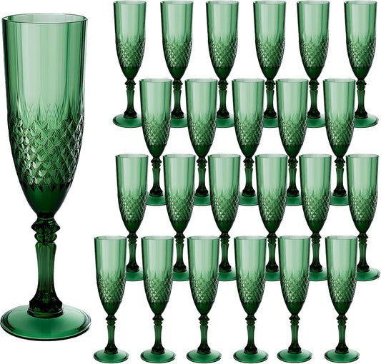 Plastic Champagne Flutes, 24PCS Dark Green Wine Glasses Goblets Cups Reusable Flute, for Christmas Weddings Bachelor Parties Toasting and Events(24, Dark Green)