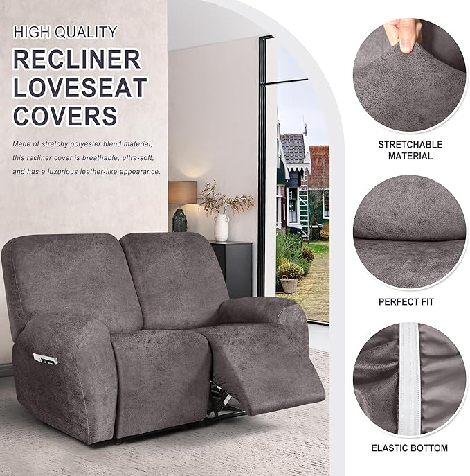 ANARACHON Leather Look Loveseat Recliner Cover, 6-Pieces Stretch Dual Recliner - Image 4