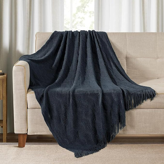 BOURINA Navy Throw Blanket 50x60 Inches Throw Textured Solid Soft Ripple Throws by BOURINA