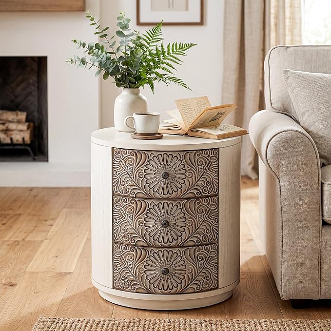 HOMPUS Round End Table Set 2, Fully Assembled Nightstand w 3 Storage Drawers - Image 4