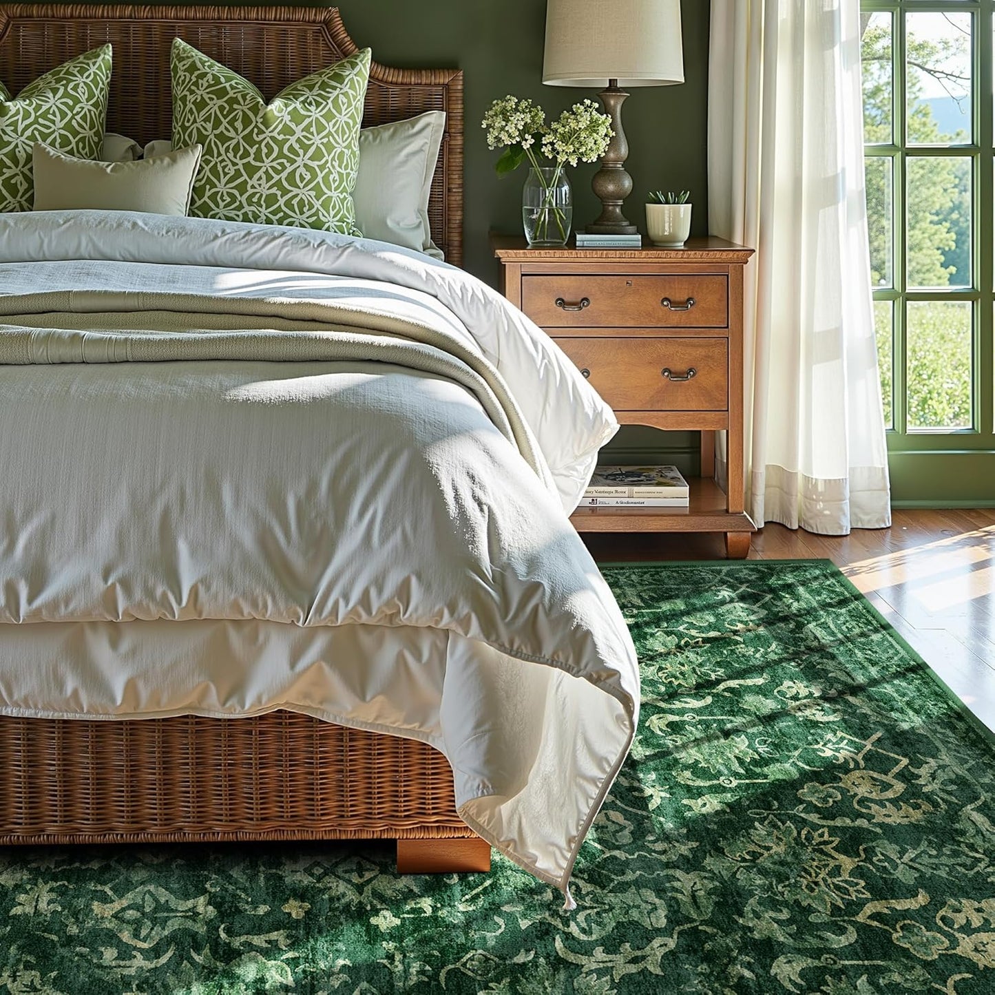 Deep Green Area Rugs 6x8 Rugs for Living Room, Washable Vintage Rugs for Bedroom, Distressed Throw Rug, Non Slip Rug Floral Carpet Green Area Rug for Bedroom Dining