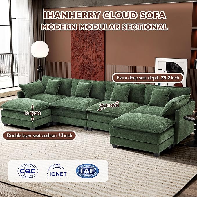 Ihanherry 146" U-Shaped Modern Sofa Modular Sectional Cloud Couch - Image 3